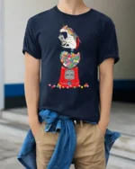 Charming Scholarly Unicorn Reading Newspaper Gumball Tshirt - model wearing navy tee with hands in pockets