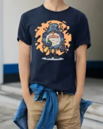 Whimsical Wizard Ogre Drunk Baseball Player Graphic Tshirt - model wearing navy tee with hands in pockets