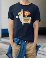 Sarcastic Rocket Llama Jetpack Tribal Pattern Graphic Tshirt - model wearing navy tee with hands in pockets