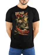 Adventurous Bear Scout Skater Retro Outdoor Graphic Tshirt - model wearing black tee with hands behind back