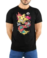 Radiant Melting Star Cartoon Character Colorful Graphic Tee - model wearing black tee with hands behind back