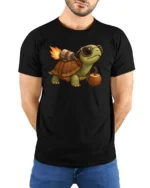 Speeding Turbo Jetpack Turtle Coconut Drink Graphic Tshirt - model wearing black tee with hands behind back