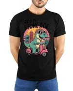 Sarcastic Dinosaur Riding Scooter Stone Age Graphic Tshirt - model wearing black tee with hands behind back