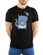 Funny Toddler Dinosaur Drinking Milk Smoker Graphic Tee - model wearing black tee with hands behind back
