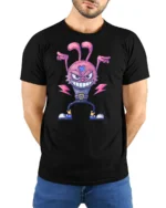 Radical Electric Monster Bunny Lightning Bolt Graphic Tee - model wearing black tee with hands behind back
