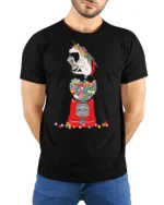 Charming Scholarly Unicorn Reading Newspaper Gumball Tshirt - model wearing black tee with hands behind back