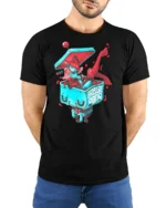 Cyber Girl Pinup Satellite Soda Astronaut Helmet Tshirt - model wearing black tee with hands behind back