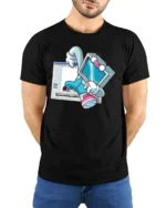 Retro Computer Character Breaking From Software Graphic Tshirt - model wearing black tee with hands behind back