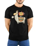 Sarcastic Rocket Llama Jetpack Tribal Pattern Graphic Tshirt - model wearing black tee with hands behind back