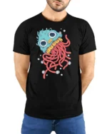 Whimsical Deep Sea Jellyfish Wide Eyed Ocean Graphic Tee - model wearing black tee with hands behind back