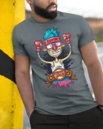 Victorious Nerd Fighter King Boxing Belt Graphic Tshirt - model wearing grey tee, leaning on column