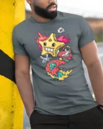 Radiant Melting Star Cartoon Character Colorful Graphic Tee - model wearing grey tee, leaning on column