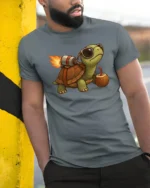 Speeding Turbo Jetpack Turtle Coconut Drink Graphic Tshirt - model wearing grey tee, leaning on column