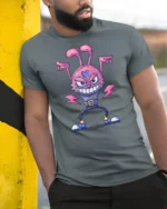 Radical Electric Monster Bunny Lightning Bolt Graphic Tee - model wearing grey tee, leaning on column