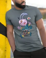 Quirky Interstellar Hare Golden Bracelets Graphic T shirt - model wearing grey tee, leaning on column