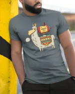 Sarcastic Rocket Llama Jetpack Tribal Pattern Graphic Tshirt - model wearing grey tee, leaning on column