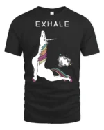 Sarcastic Exhale Unicorn Farting Rainbow Yoga Graphic Tee - black t-shirt on white background