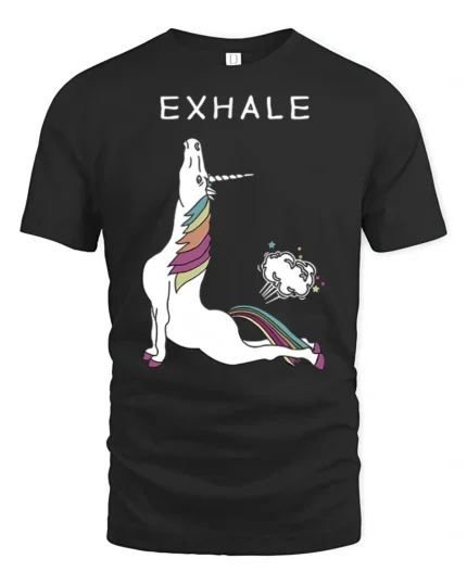 Sarcastic Exhale Unicorn Farting Rainbow Yoga Graphic Tee - black t-shirt on white background