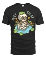 Sarcastic Just Relax Skeleton Pond Lily Pad Graphic Tshirt - black t-shirt on white background