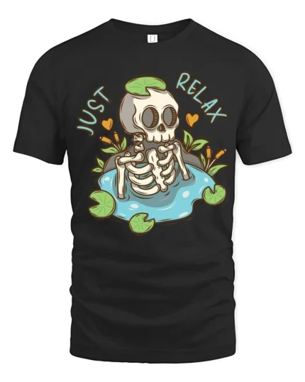 Sarcastic Just Relax Skeleton Pond Lily Pad Graphic Tshirt - black t-shirt on white background