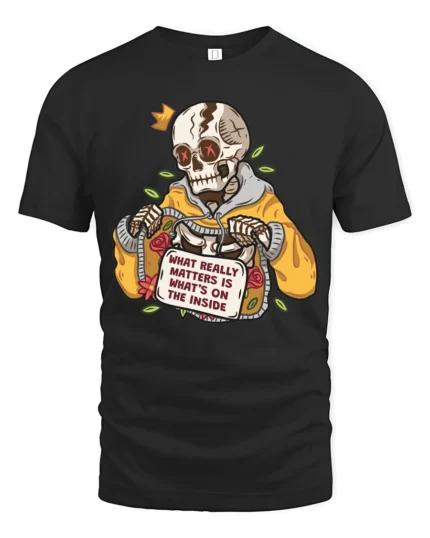 Funny Skeleton Yellow Hoodie Whats On The Inside Tshirt - black t-shirt on white background