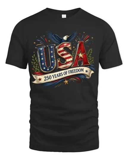 Patriotic Eagle USA 250 Years Of Freedom Independence Day Tee - black t-shirt on white background