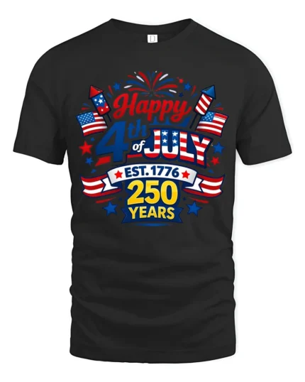 Festive Patriotic 4th Of July Est 1776 250 Years Graphic Tee - black t-shirt on white background