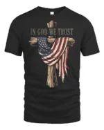 Patriotic Christian Wooden Cross American Flag Graphic Tee - black t-shirt on white background