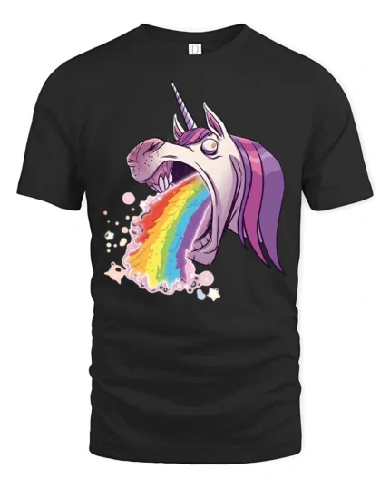 Crazy Vomiting Rainbow Unicorn Magical Fantasy Graphic Tee - black t-shirt on white background