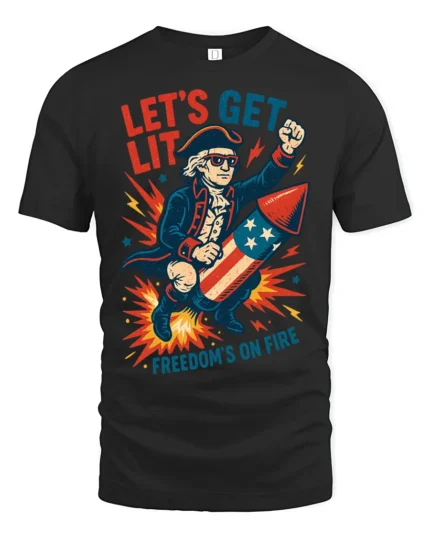 Amusing Freedom’s On Fire George Washington Patriotic T shirt - black t-shirt on white background