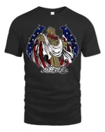 Patriotic Angel Wings Wooden Cross USA Flag Graphic Tee - black t-shirt on white background