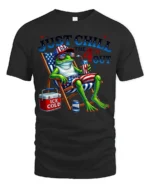 Sarcastic Just Chill The 4th Out Frog Beach Chair Tshirt - black t-shirt on white background