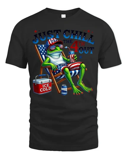 Sarcastic Just Chill The 4th Out Frog Beach Chair Tshirt - black t-shirt on white background