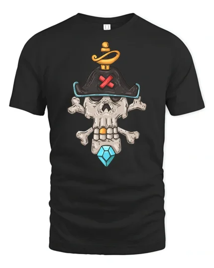 Skeleton Pirate Captain Skull Crossbones Diamond Graphic Tee - black t-shirt on white background