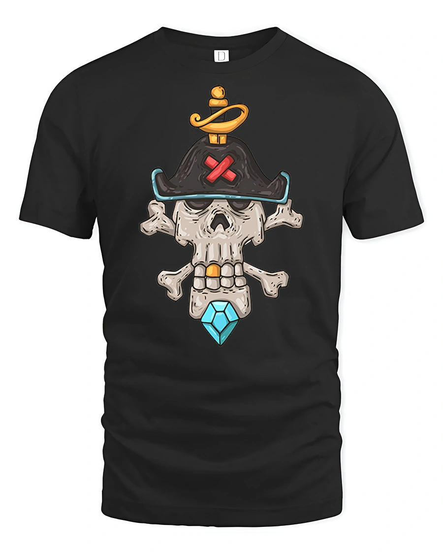 Skeleton Pirate Captain Skull Crossbones Diamond Graphic Tee - 1 Skeleton Pirate Captain Skull Crossbones Diamond Graphic Tee - black t-shirt on white background