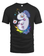 Chubby Tired Rainbow Unicorn Sarcastic Fantasy Graphic Tee - black t-shirt on white background