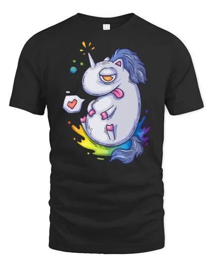 Chubby Tired Rainbow Unicorn Sarcastic Fantasy Graphic Tee - black t-shirt on white background