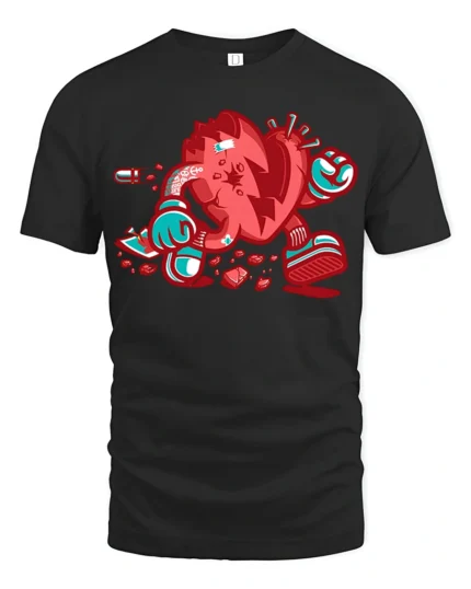 Animate Broken Heart Cartoon Character Street Graphic Tee - black t-shirt on white background