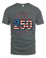 Patriotic Fireworks American Flag 250 Years Graphic Tee - gray t-shirt on white background