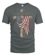 Patriotic Christian Wooden Cross American Flag Graphic Tee - gray t-shirt on white background