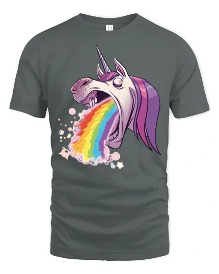 Crazy Vomiting Rainbow Unicorn Magical Fantasy Graphic Tee - gray t-shirt on white background
