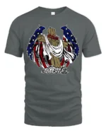 Patriotic Angel Wings Wooden Cross USA Flag Graphic Tee - gray t-shirt on white background