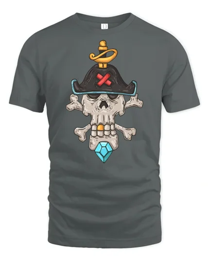 Skeleton Pirate Captain Skull Crossbones Diamond Graphic Tee - gray t-shirt on white background