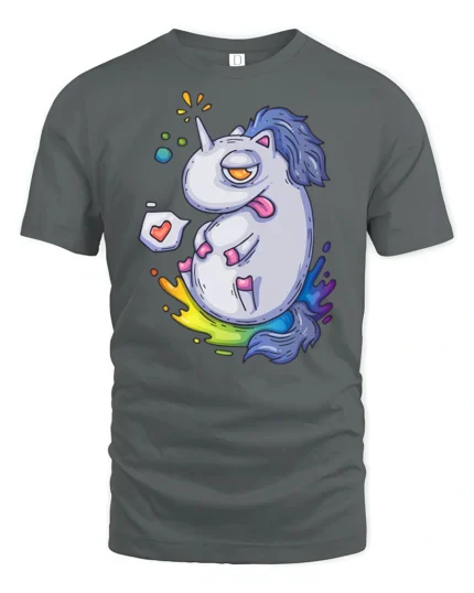 Chubby Tired Rainbow Unicorn Sarcastic Fantasy Graphic Tee - gray t-shirt on white background