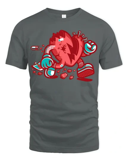 Animate Broken Heart Cartoon Character Street Graphic Tee - gray t-shirt on white background