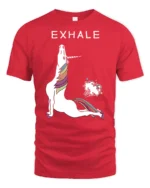 Sarcastic Exhale Unicorn Farting Rainbow Yoga Graphic Tee - red t-shirt on white background