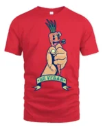 Sarcastic Go Vegan Fist Holding Cartoon Carrot Graphic Tee - red t-shirt on white background