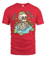 Sarcastic Just Relax Skeleton Pond Lily Pad Graphic Tshirt - red t-shirt on white background