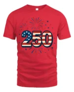 Patriotic Fireworks American Flag 250 Years Graphic Tee - red t-shirt on white background