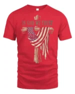 Patriotic Christian Wooden Cross American Flag Graphic Tee - red t-shirt on white background